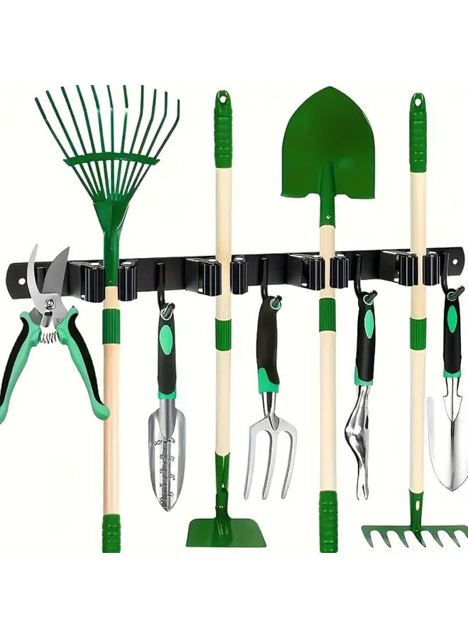 Stainless Steel Wall Mounted Mop Broom Holder With 4 Clips And 5 Hooks Silvery - Image 1