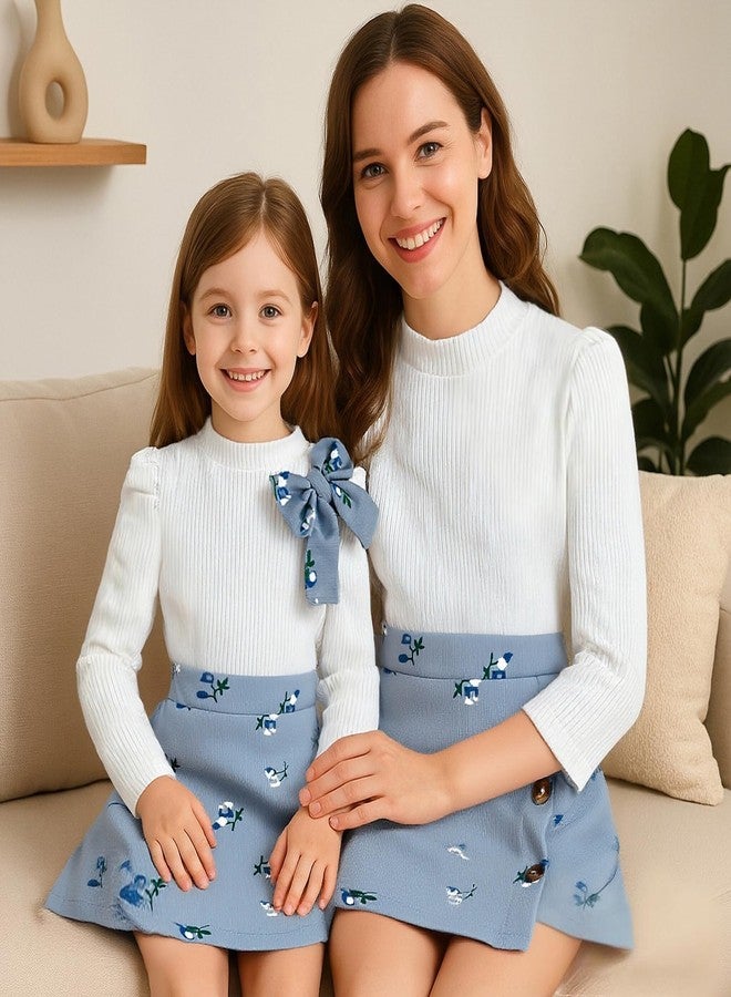 TITKKOP Toddler Girl Plaid Outfits Fall Winter Dress Knit Ribbed Bow Sweatshirt Tops and Button Fashion Skirts Set, Blue+flower, 2 Years - Image 4