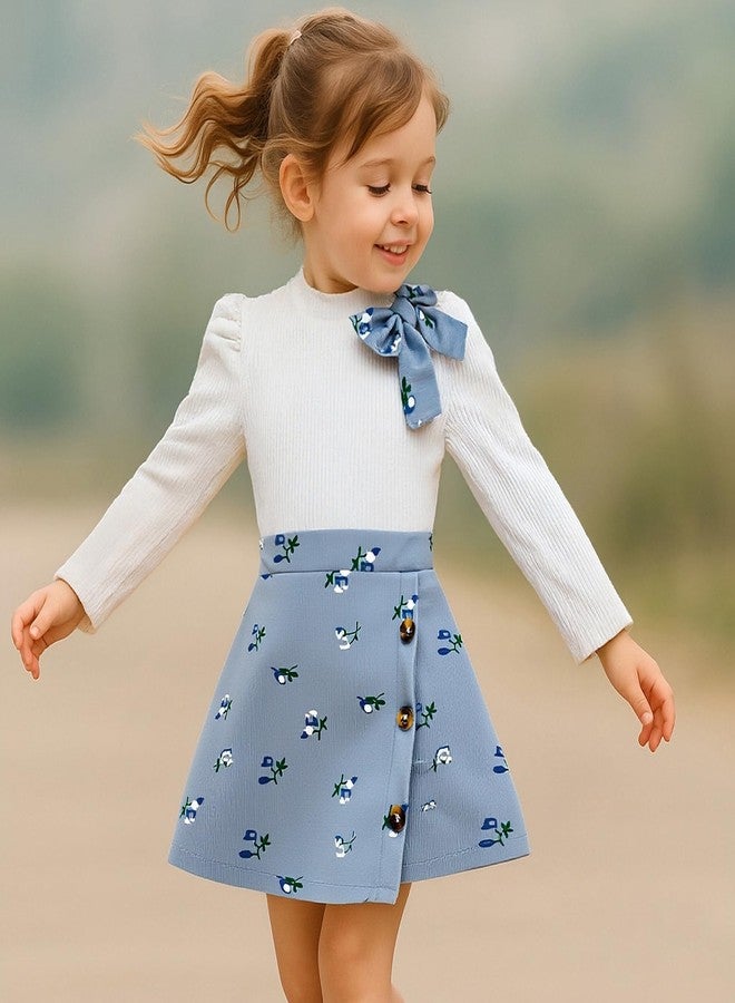 TITKKOP Toddler Girl Plaid Outfits Fall Winter Dress Knit Ribbed Bow Sweatshirt Tops and Button Fashion Skirts Set, Blue+flower, 2 Years - Image 2