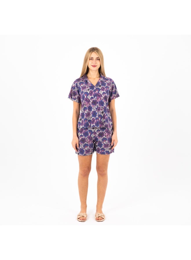 zecotex  Classic Pajama Set for Women - 100% Cotton Floral Print Button-Down Top & Shorts - Lightweight Summer Sleepwear & Loungewear  - Image 1