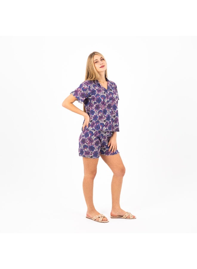 zecotex  Classic Pajama Set for Women - 100% Cotton Floral Print Button-Down Top & Shorts - Lightweight Summer Sleepwear & Loungewear  - Image 4