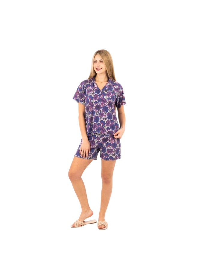 zecotex  Women's 2-Piece Tropical Floral Pajama Set - Button-Down Shirt & Comfortable Shorts Lounge Set