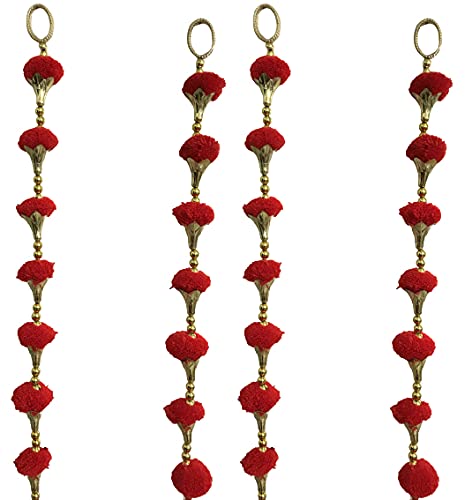 Aahum Handmade Wall Door Red Color Pom Pom String with Golden Beads,Triangle Flowers Hanging Torans Garland Bandhwar Decoration Item for Home Décor Diwali Festival,Navratri,Wedding (5 FT 4 Strings) - Image 4