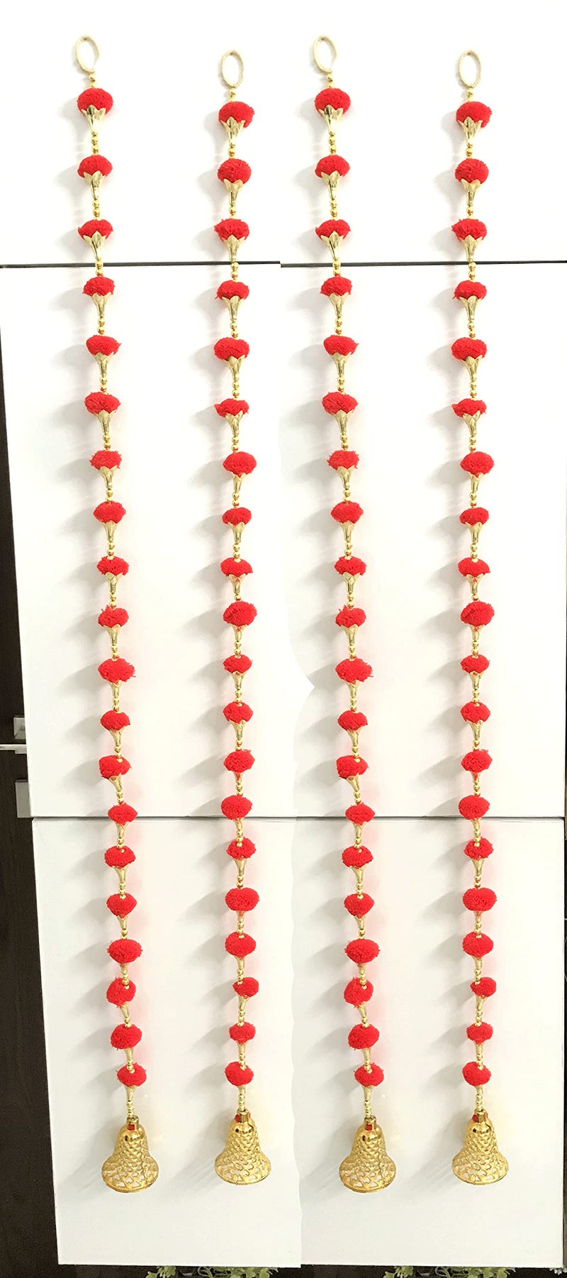 Aahum Handmade Wall Door Red Color Pom Pom String with Golden Beads,Triangle Flowers Hanging Torans Garland Bandhwar Decoration Item for Home Décor Diwali Festival,Navratri,Wedding (5 FT 4 Strings) - Image 1
