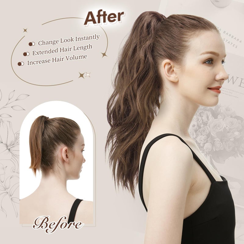 FESHFEN Ponytail Extensions, Long Claw Clip in Ponytail Hairpiece Synthetic Pony Tails Hair Piece Natural Wavy Hairpieces for Women, 20 inch Dark Brown - Image 4