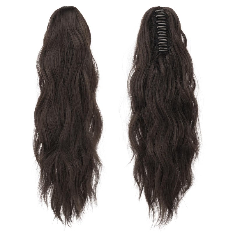 FESHFEN Ponytail Extensions, Long Claw Clip in Ponytail Hairpiece Synthetic Pony Tails Hair Piece Natural Wavy Hairpieces for Women, 20 inch Dark Brown - Image 2