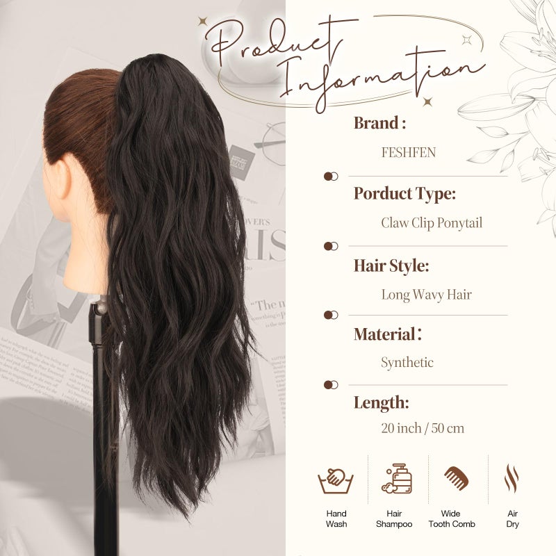 FESHFEN Ponytail Extensions, Long Claw Clip in Ponytail Hairpiece Synthetic Pony Tails Hair Piece Natural Wavy Hairpieces for Women, 20 inch Dark Brown - Image 5