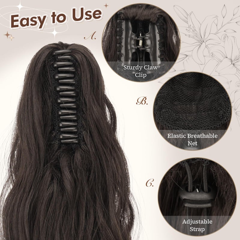FESHFEN Ponytail Extensions, Long Claw Clip in Ponytail Hairpiece Synthetic Pony Tails Hair Piece Natural Wavy Hairpieces for Women, 20 inch Dark Brown - Image 3