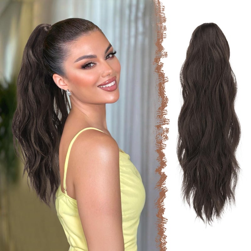 FESHFEN Ponytail Extensions, Long Claw Clip in Ponytail Hairpiece Synthetic Pony Tails Hair Piece Natural Wavy Hairpieces for Women, 20 inch Dark Brown - Image 1