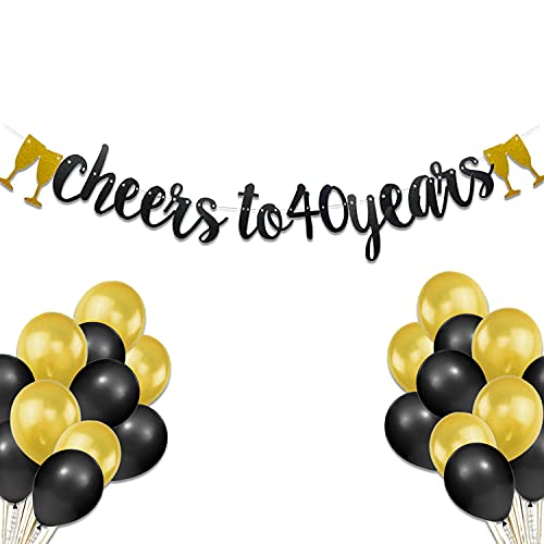 Festiko®40th Birthday decoration Cheers to 40 Years Decor for Men Women Happy 40th Birthday Wedding Anniversary Party Supplies Black Glitter Decorations combo(Banner,Balloons)- 51 Pcs - Image 1