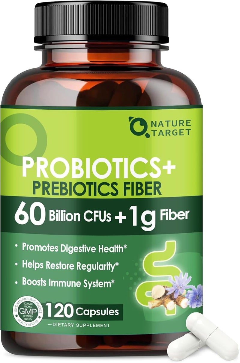 NATURE TARGET Prebiotic Fiber Supplement with 60 Billion Probiotics for Digestive Health  Prebiotics and Probiotics for Women  Men Regularity Supports Occasional Constipation  120 Veggie Capsules - Image 1