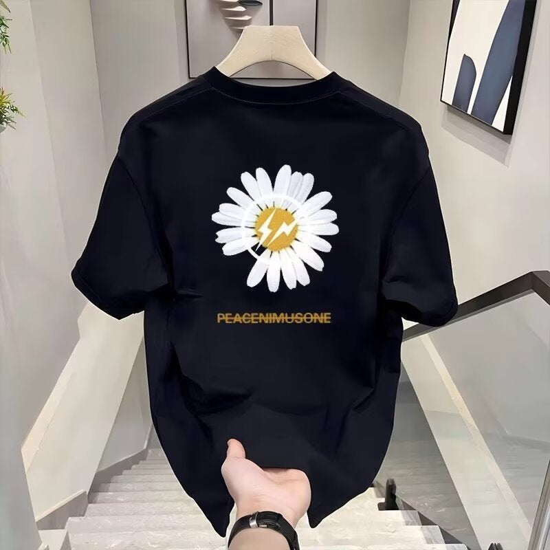Heavyweight Pure Cotton Trendy American-Style T-Shirt With Daisy Print, Men'S Summer Round Neck Loose Versatile Short-Sleeve Top - Image 3
