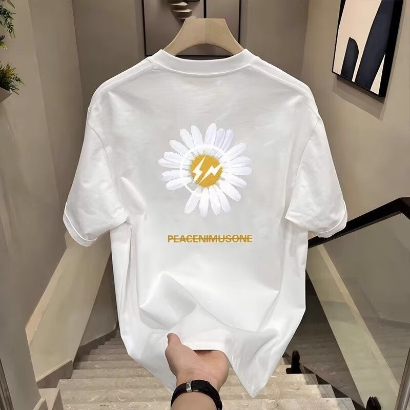 Heavyweight Pure Cotton Trendy American-Style T-Shirt With Daisy Print, Men'S Summer Round Neck Loose Versatile Short-Sleeve Top - Image 2