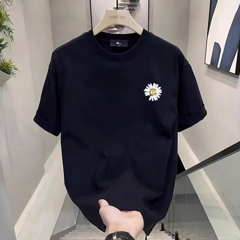 Heavyweight Pure Cotton Trendy American-Style T-Shirt With Daisy Print, Men'S Summer Round Neck Loose Versatile Short-Sleeve Top - Image 1