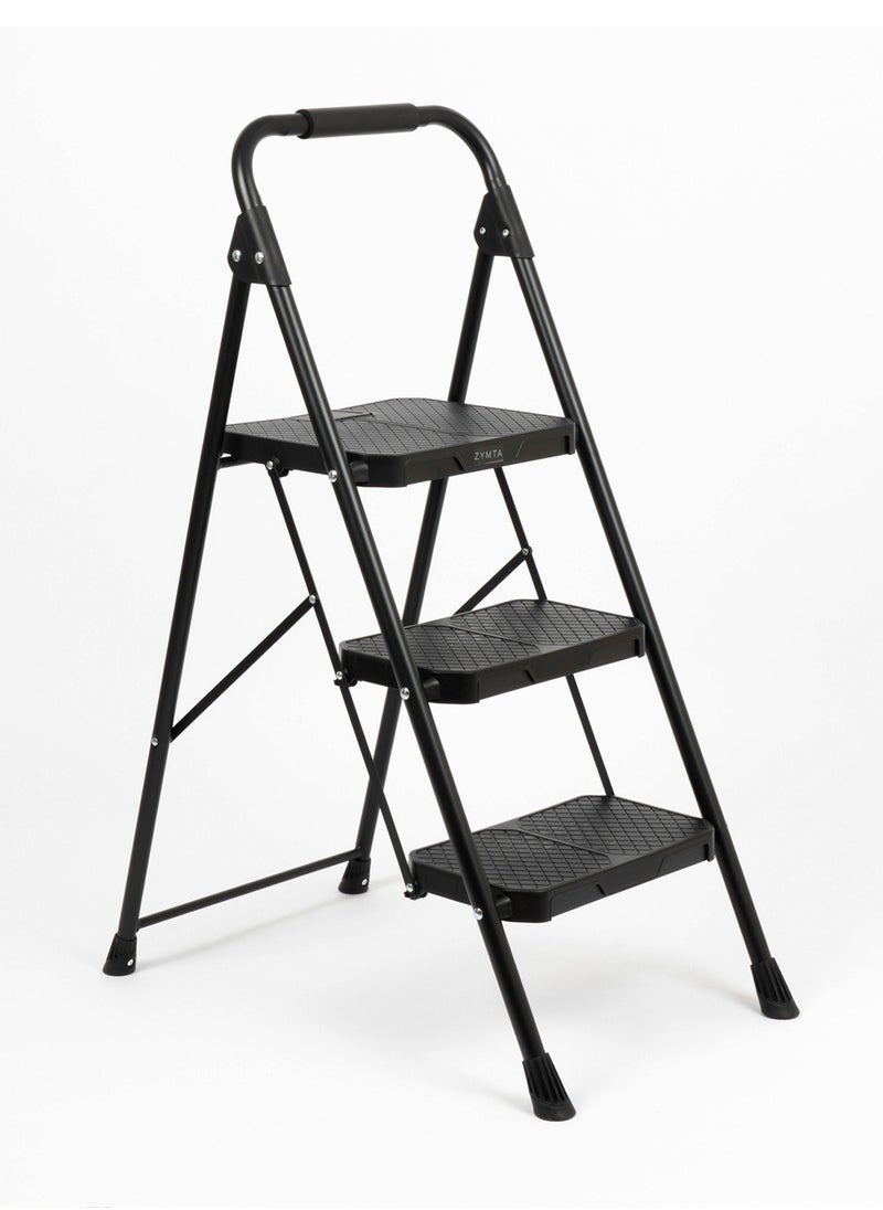 ZYMTA ZYMTA Step Ladder 3 Step, Folding Step Stool Trolley, Wide Anti-Slip Pedal, Lightweight trolly, Portable Steel Stand Use for Home and Office (Black 3 Step)  - Image 1