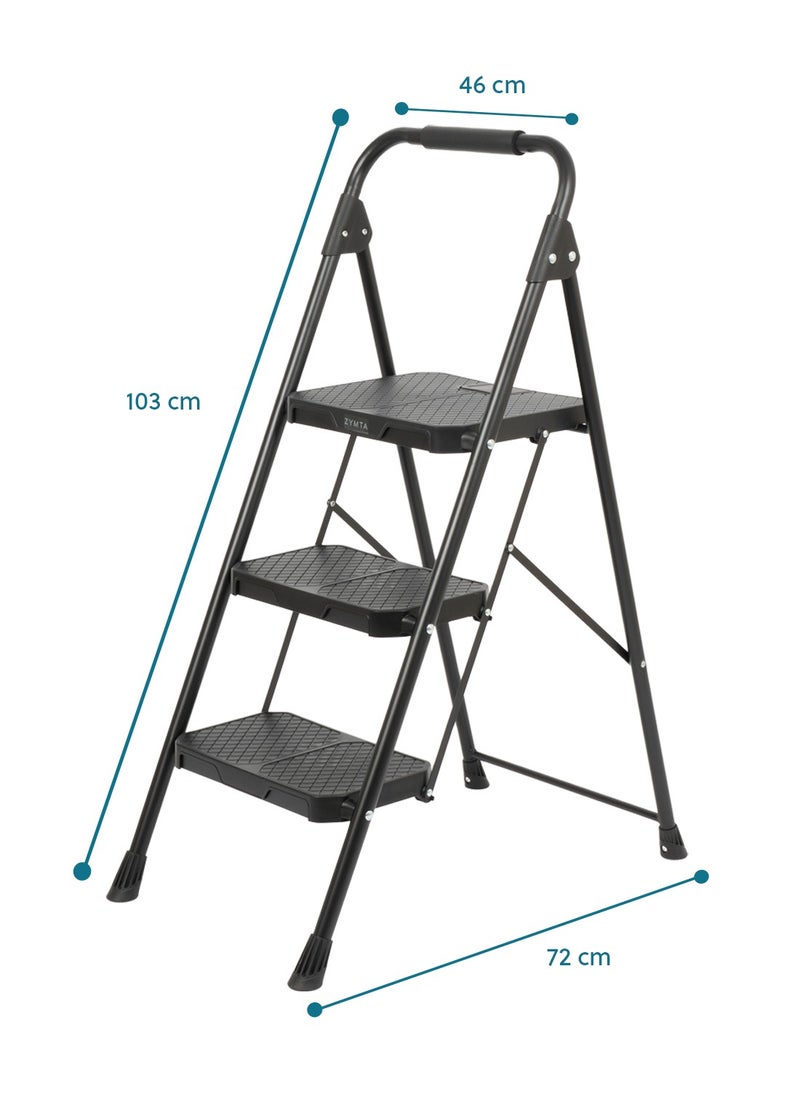 ZYMTA ZYMTA Step Ladder 3 Step, Folding Step Stool Trolley, Wide Anti-Slip Pedal, Lightweight trolly, Portable Steel Stand Use for Home and Office (Black 3 Step)  - Image 2