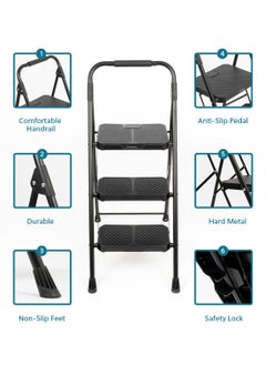 ZYMTA Step Ladder 3 Step, Folding Step Stool, Wide Anti-Slip Pedal, Lightweight, Portable Steel Use for Home and Office (Black 3 Step)  - Image 3
