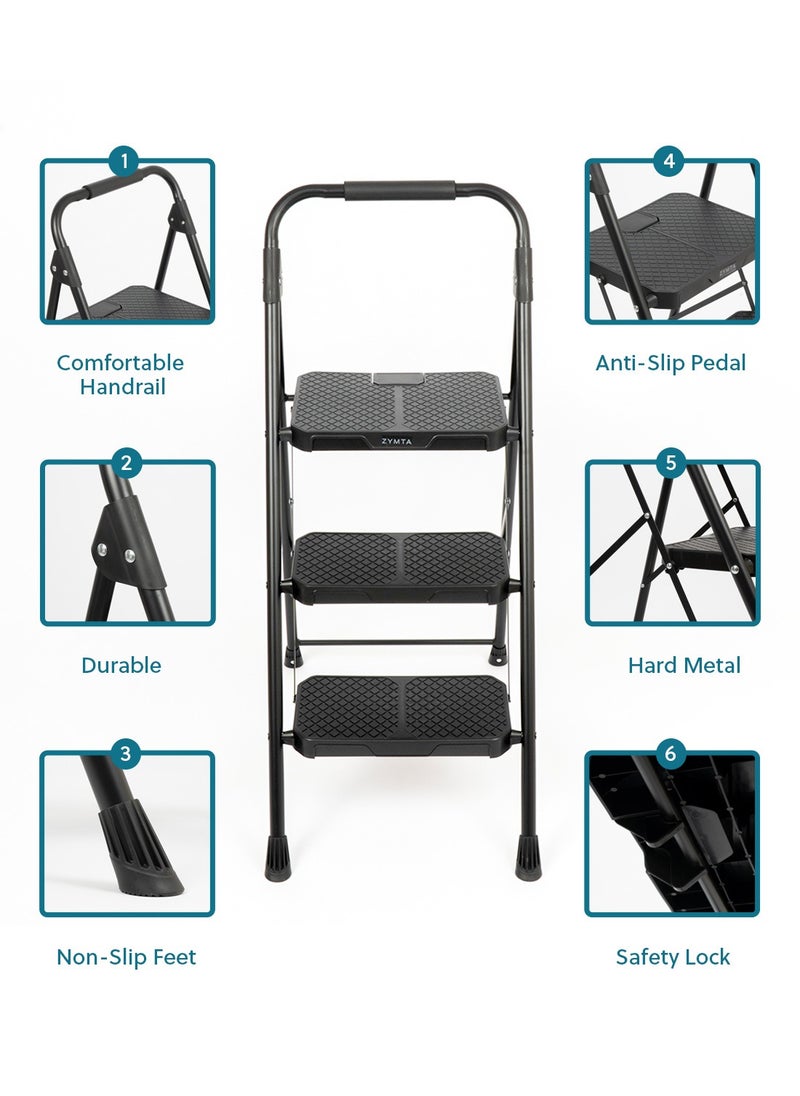 ZYMTA ZYMTA Step Ladder 3 Step, Folding Step Stool Trolley, Wide Anti-Slip Pedal, Lightweight trolly, Portable Steel Stand Use for Home and Office (Black 3 Step)  - Image 3