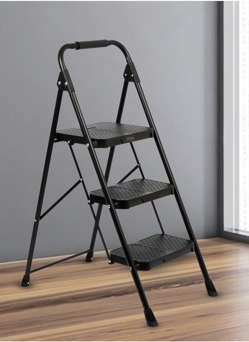 ZYMTA ZYMTA Step Ladder 3 Step, Folding Step Stool Trolley, Wide Anti-Slip Pedal, Lightweight trolly, Portable Steel Stand Use for Home and Office (Black 3 Step)  - Image 5