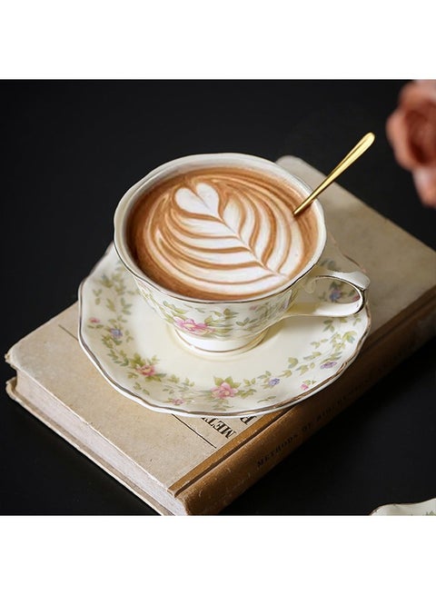 Ceramic Cup and Saucer Set,7.8oz Coffee Cup for Afternoon Tea- Retro floral patterns