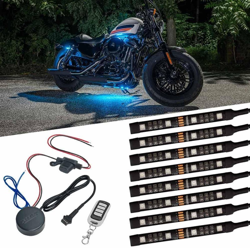 LEDGlow 8pc Advanced Million Color Mini Motorcycle LED Light Kit - Waterproof Flexible Light Strips with Wireless Remote - Image 1
