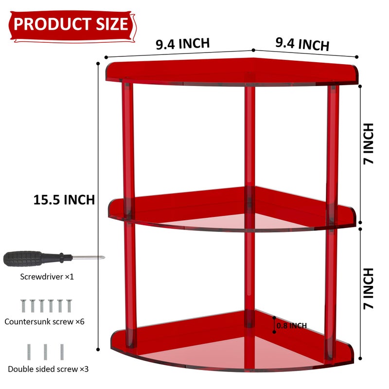 Sezanrpt 3 Tier Acrylic Corner Shelf Organizer Storage 9.5x9.5x15.7 Inch, Red Countertop Corner Shelf for Bathroom, Kitchen, Bedroom, Office, Study Room - Image 2