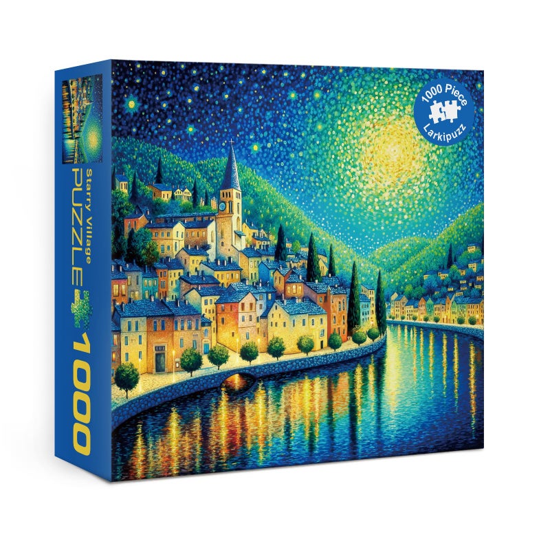 Larkipuzz Fantasy Starry Night Town Puzzles for Adults 1000 Pieces Pretty House River Jigsaw Puzzle Hard Blue Galaxy Painting Art Puzzles - Image 3
