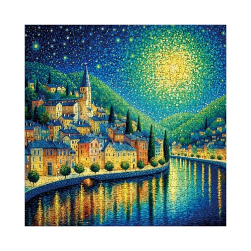 Larkipuzz Fantasy Starry Night Town Puzzles for Adults 1000 Pieces Pretty House River Jigsaw Puzzle Hard Blue Galaxy Painting Art Puzzles - Image 5