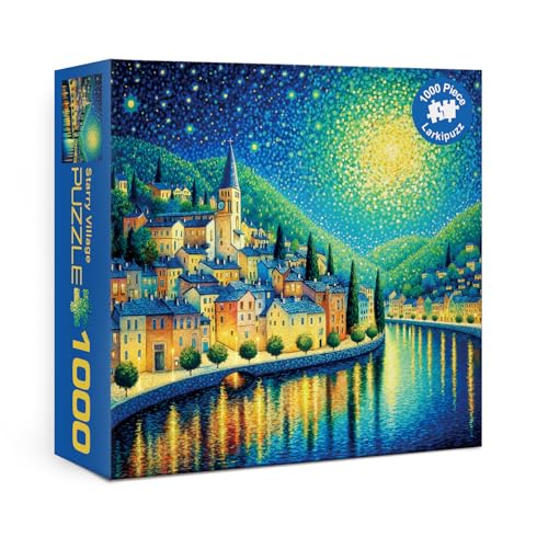 Larkipuzz Fantasy Starry Night Town Puzzles for Adults 1000 Pieces Pretty House River Jigsaw Puzzle Hard Blue Galaxy Painting Art Puzzles - Image 1