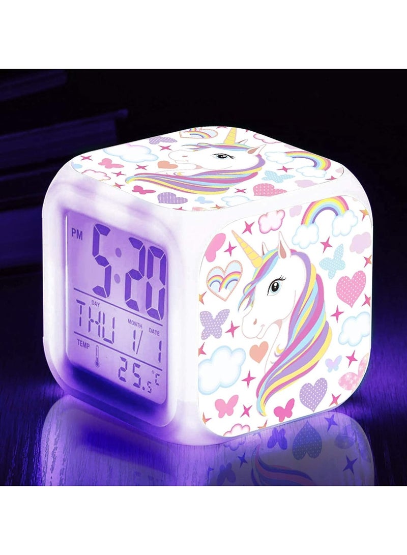 عام ساعة إنذار للأطفال، ساعة إنذار ضوء ليلي للأطفال بطراز حصان وحيد مع 4 نماذج حصان وحيد و9 أضواء LED تضيء لاستيقاظ مُنْصَبُ السرير هدية لديكور غرفة الفتيات. - Image 1