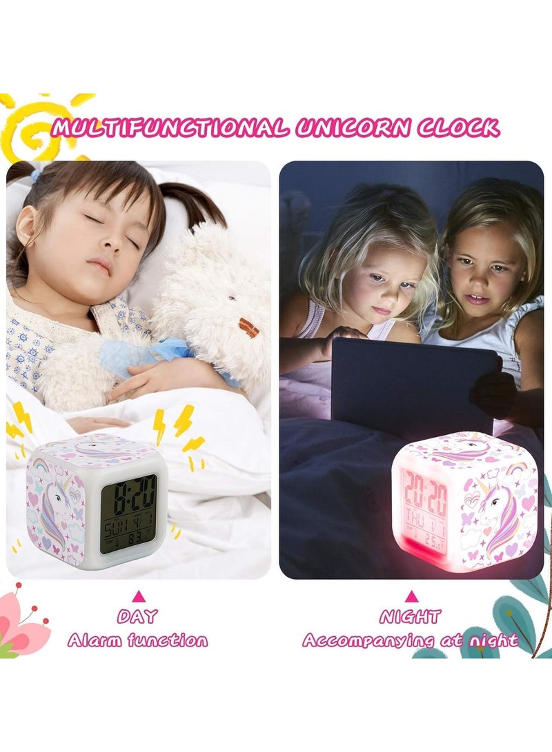 عام ساعة إنذار للأطفال، ساعة إنذار ضوء ليلي للأطفال بطراز حصان وحيد مع 4 نماذج حصان وحيد و9 أضواء LED تضيء لاستيقاظ مُنْصَبُ السرير هدية لديكور غرفة الفتيات. - Image 4