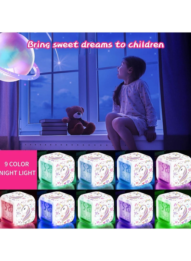 عام ساعة إنذار للأطفال، ساعة إنذار ضوء ليلي للأطفال بطراز حصان وحيد مع 4 نماذج حصان وحيد و9 أضواء LED تضيء لاستيقاظ مُنْصَبُ السرير هدية لديكور غرفة الفتيات. - Image 3