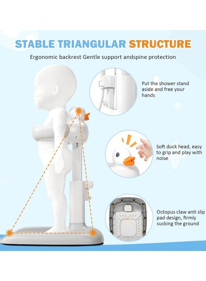 Baby Shower Stand, 360° Adjustable Height Anti Slip Base Foldable Baby Bath Shower Stand with Duck Sound, Bath Support for Toddler Infants Bathing Safety Ideal Gift (Gray White) - Image 2