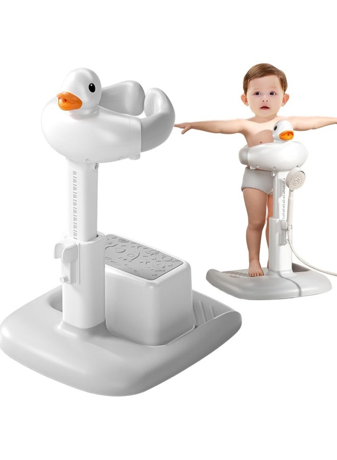 Baby Shower Stand, 360° Adjustable Height Anti Slip Base Foldable Baby Bath Shower Stand with Duck Sound, Bath Support for Toddler Infants Bathing Safety Ideal Gift (Gray White) - Image 1