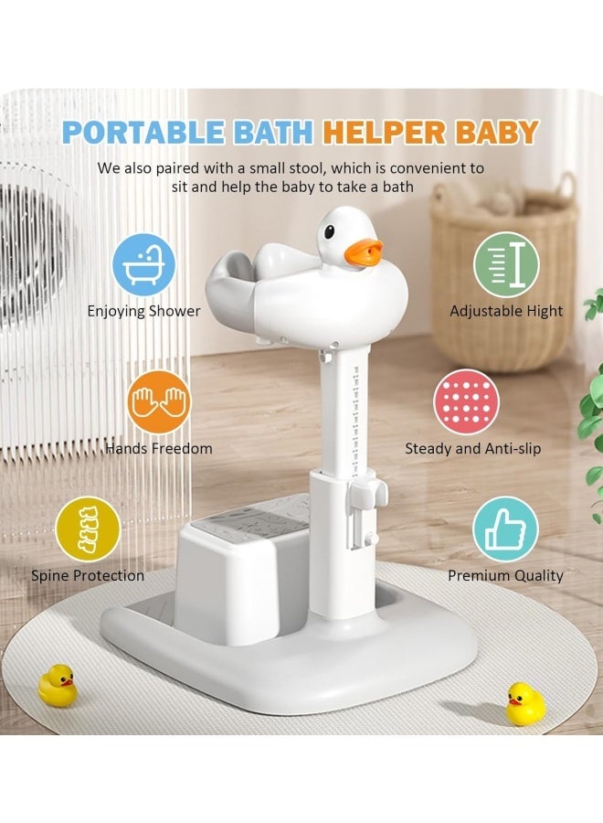 Baby Shower Stand, 360° Adjustable Height Anti Slip Base Foldable Baby Bath Shower Stand with Duck Sound, Bath Support for Toddler Infants Bathing Safety Ideal Gift (Gray White) - Image 4