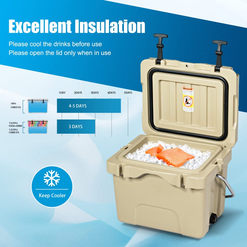 COSTWAY 16 Quart Cooler, 24 Can Insulated Ice Chest Box with Heavy Duty Handle and 2 Cup Holders, 3-5 Days Ice Retention, Portable Leakproof Hard Cooler for Camping, Fishing, Picnic, Outdoor (Khaki) - Image 3