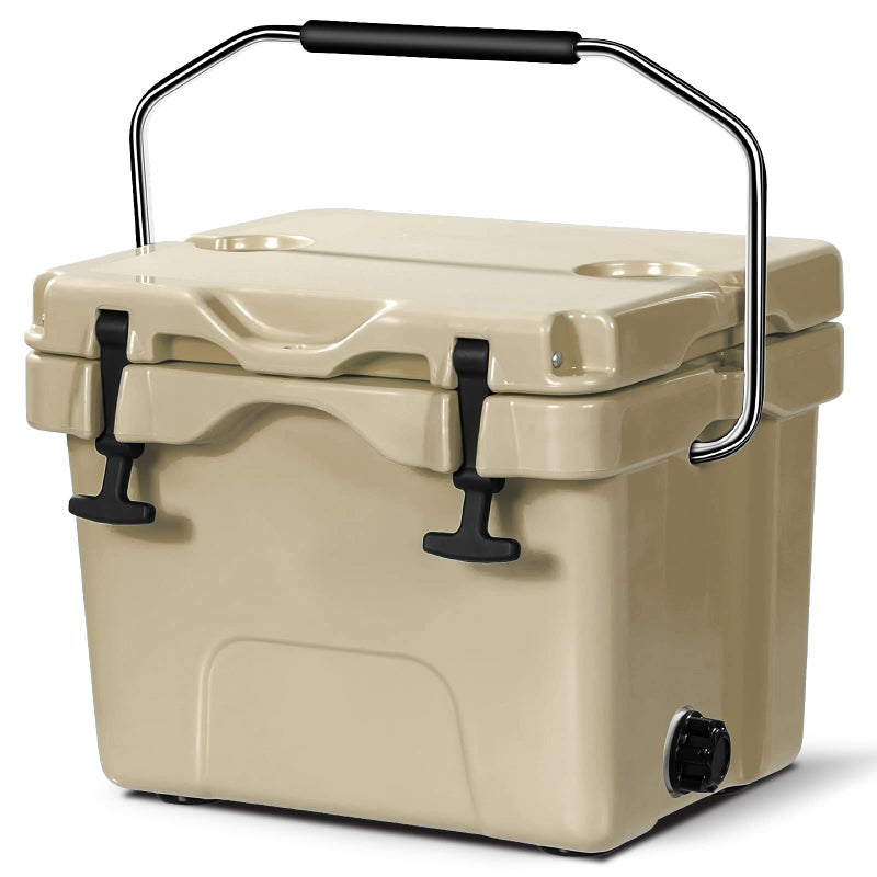 COSTWAY 16 Quart Cooler, 24 Can Insulated Ice Chest Box with Heavy Duty Handle and 2 Cup Holders, 3-5 Days Ice Retention, Portable Leakproof Hard Cooler for Camping, Fishing, Picnic, Outdoor (Khaki) - Image 1