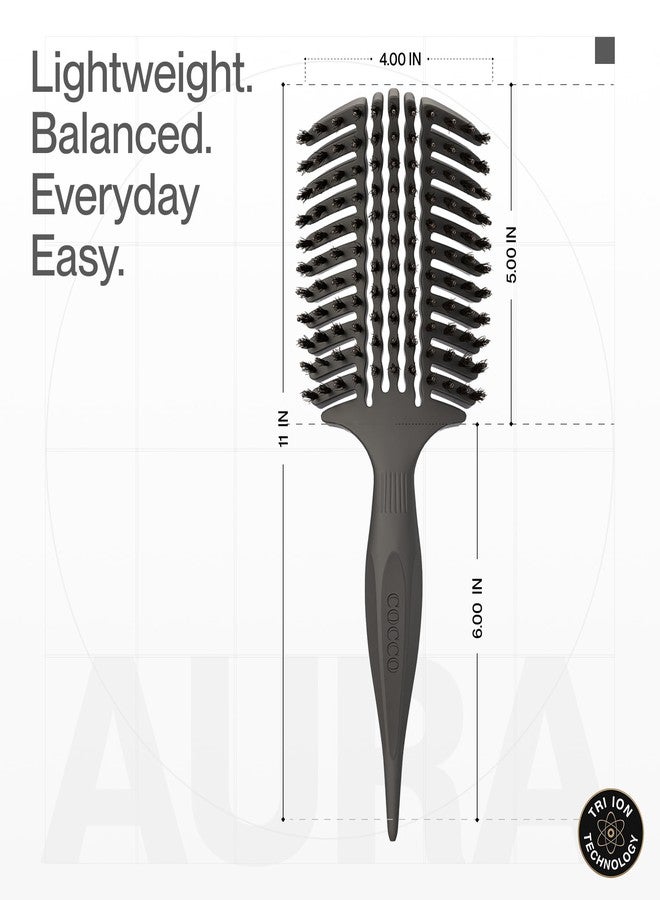 COCCO Aura Vent Boar Brush | Vented Dual-Curved Design for Faster Drying, Effortless Detangling & Shine, Boar + Nylon Bristles, Ergonomic Comfort Handle for Wet & Dry Hair Styling - Black - Image 3