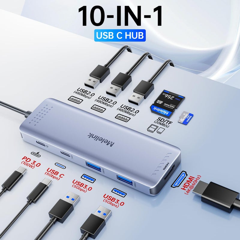 Melelink USB C Hub Multiport Adapter for MacBook Pro/Air, 10 in 1 USB C Dongle Mac HDMI Adapter, USBC Dock Compatible for iPad Pro, iMac, Dell, HP, Lenovo (4K@60Hz HDMI,SD/TF Card Reader,100W PD, 6 USB Ports) - Image 2