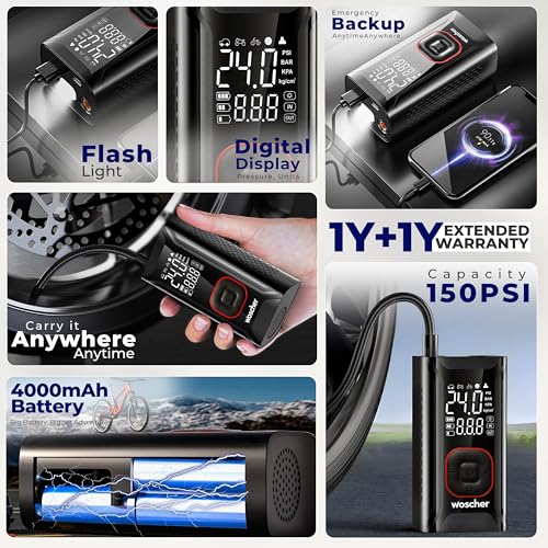 Woscher AirGo 2-in-1 Tyre Inflator for Car and Bike, Air Pump for Car Tyre, 150 PSI Wired & Wireless (4000mAh or 12V DC), Car Inflator | Tyre Inflator Kit | Cycle Pump for Bicycle - Image 2