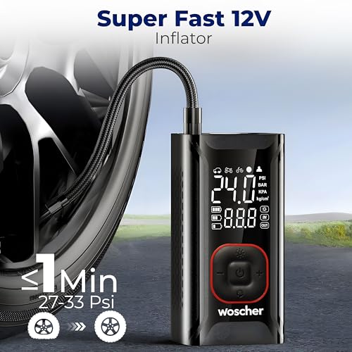 Woscher AirGo 2-in-1 Tyre Inflator for Car and Bike, Air Pump for Car Tyre, 150 PSI Wired & Wireless (4000mAh or 12V DC), Car Inflator | Tyre Inflator Kit | Cycle Pump for Bicycle - Image 5