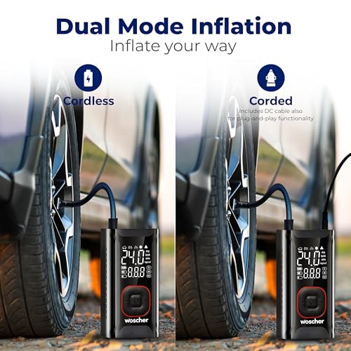 Woscher AirGo 2-in-1 Tyre Inflator for Car and Bike, Air Pump for Car Tyre, 150 PSI Wired & Wireless (4000mAh or 12V DC), Car Inflator | Tyre Inflator Kit | Cycle Pump for Bicycle - Image 4