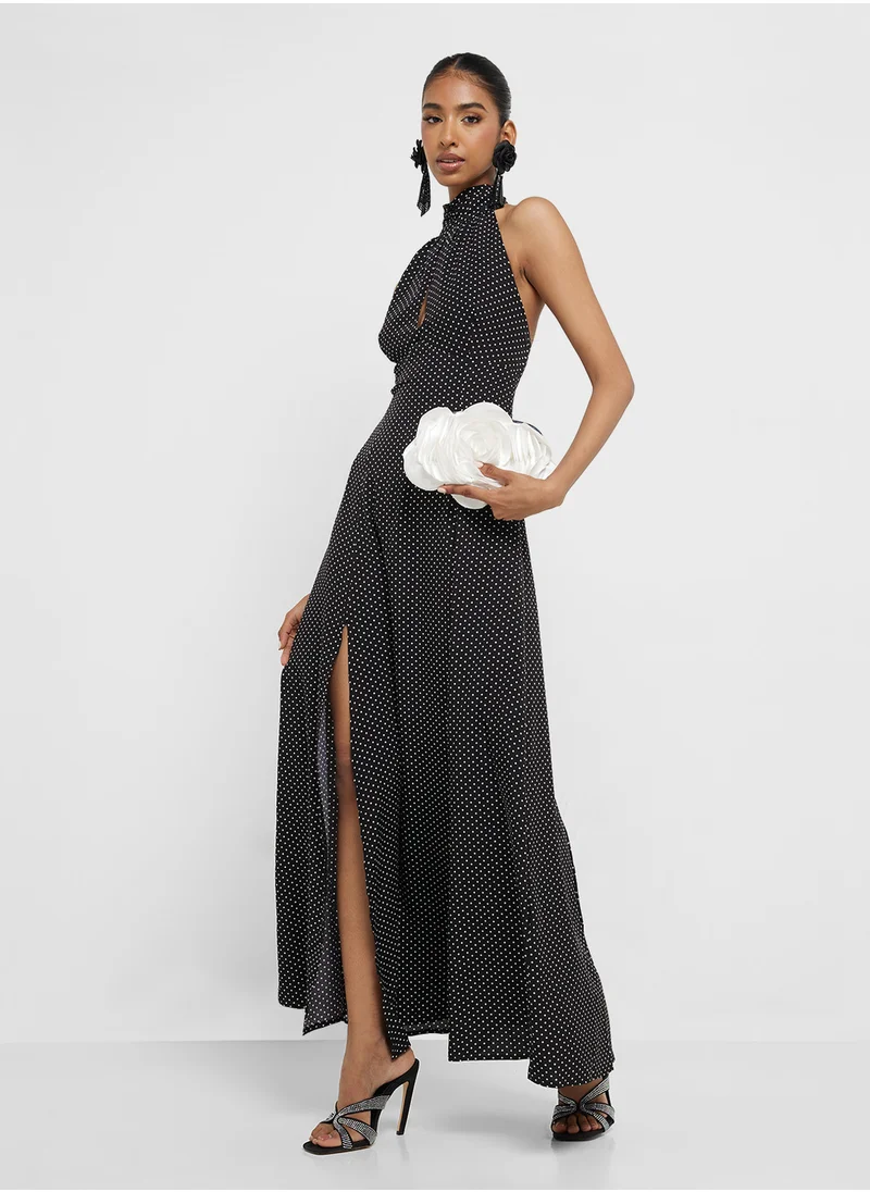 جينجر Halter Neck Polka Dot Dress With Slit