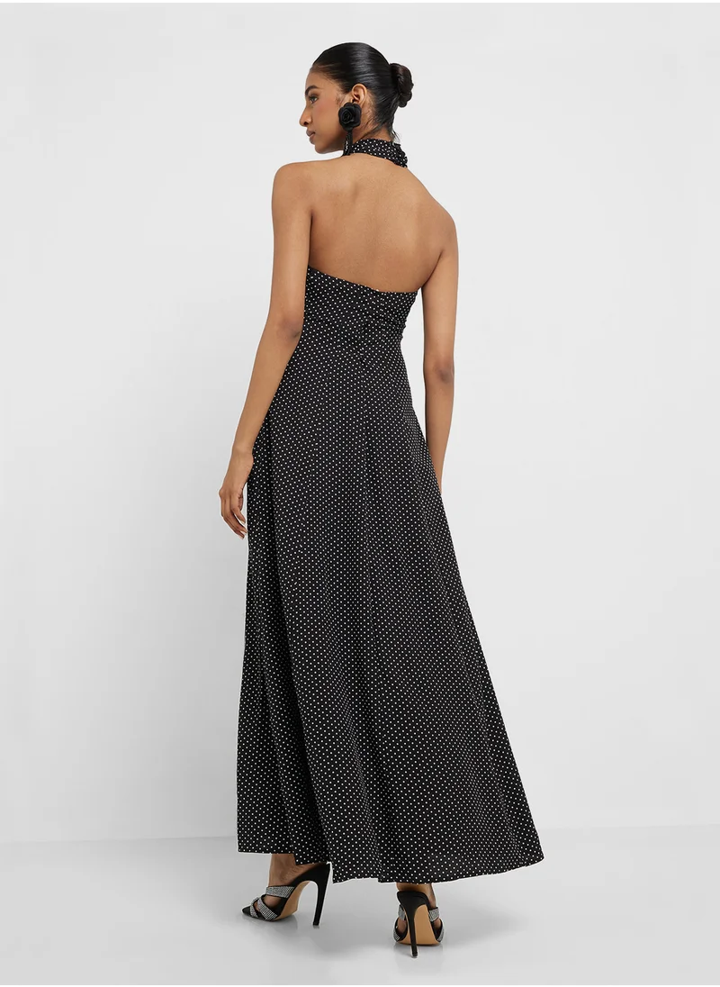 جينجر Halter Neck Polka Dot Dress With Slit
