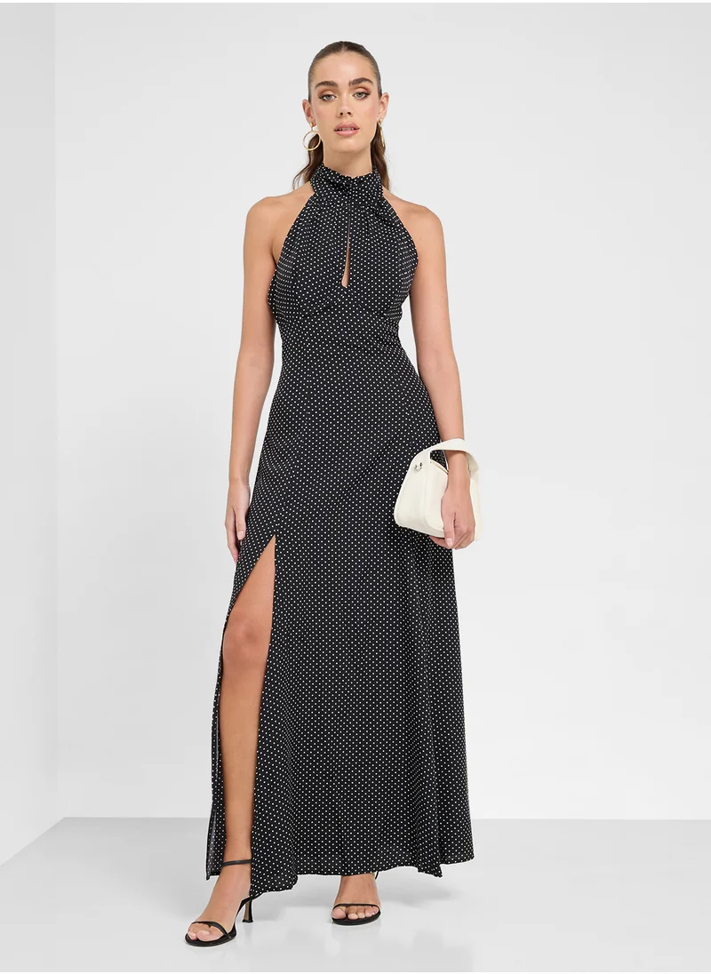 جينجر Halter Neck Polka Dot Dress With Slit