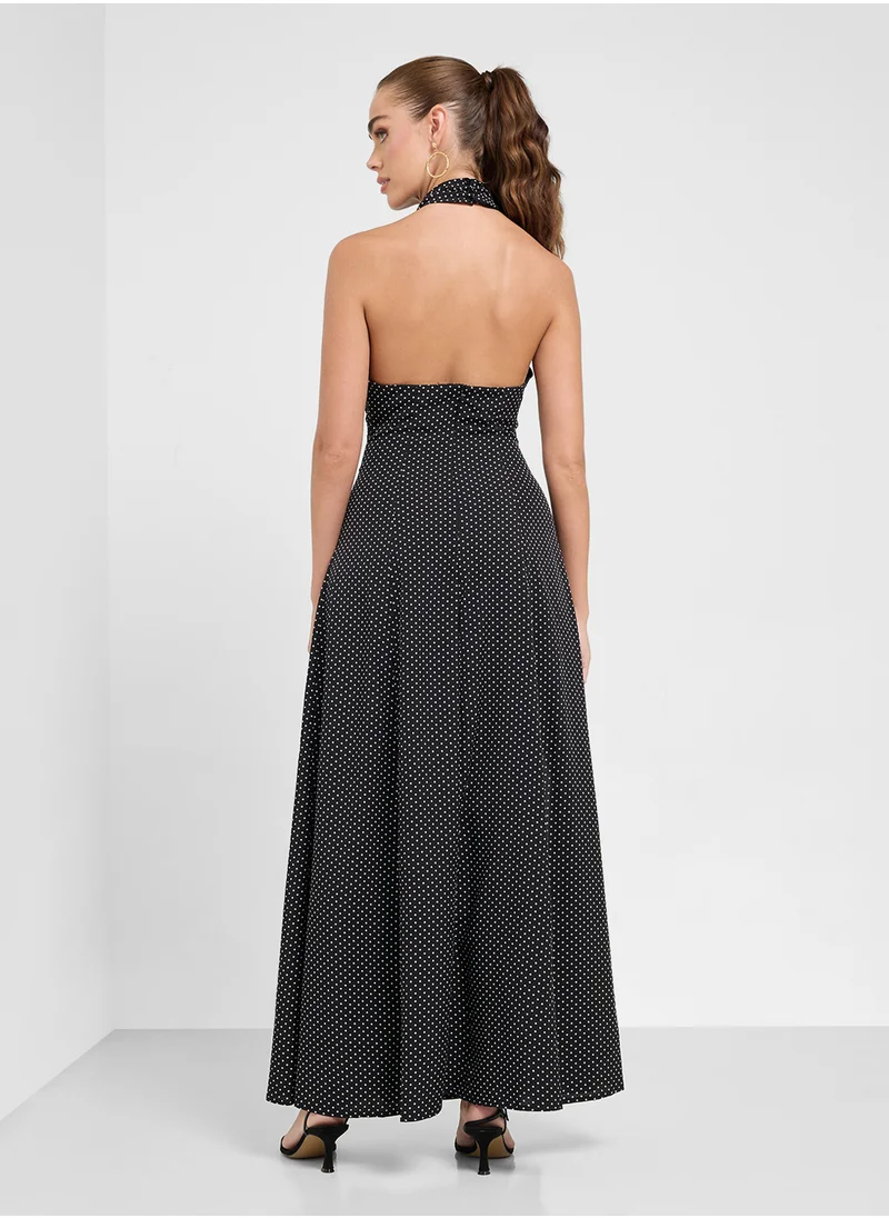 جينجر Halter Neck Polka Dot Dress With Slit