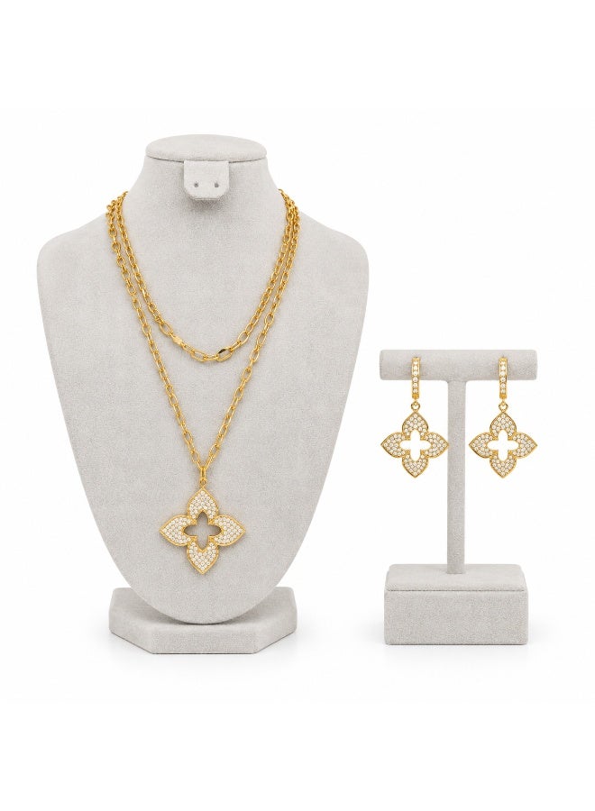Women’s Gold-Tone Four-Petal Floral Necklace and Drop Earrings Set with Clear Stone Accents, 3 Pieces