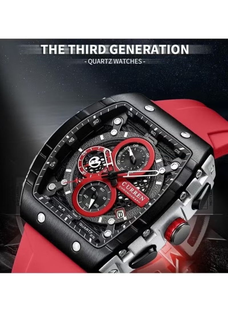 CURREN Men's Chronograph Luminous Sport Watch with Red Silicon - Image 3