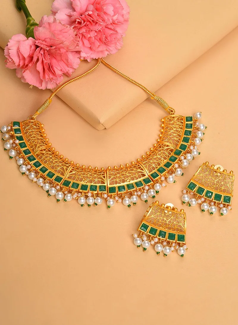 SOHI Green Stone Beaded Artificial Jewellery Set