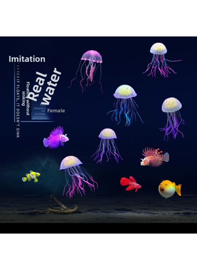 Generic - Applicable Fish Tank Landscape Decoration Small Ornaments Simulation Jellyfish Fluorescent Luminous Jellyfish Soft Jellyfish Silicone Large Small Size-Color:Simulation Small Puffer [Green]] - Image 1
